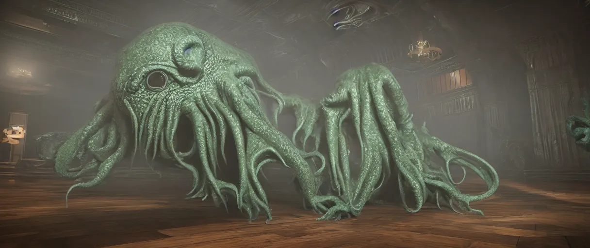 Image similar to cthulhu on a blind date | unreal engine :. 6 | global illumination, octane, raytracing, detailed and intricate :. 4