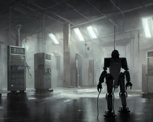 Image similar to gloomy ruined server room in datacenter painting concept art of robot knight colossus welder pacing mono eyed, sharp focus, emitting diodes, smoke, artillery, sparks,, computers, racks, motherboard, by pascal blanche rutkowski repin artstation hyperrealism detailed matte painting, 4 k resolution blade runner