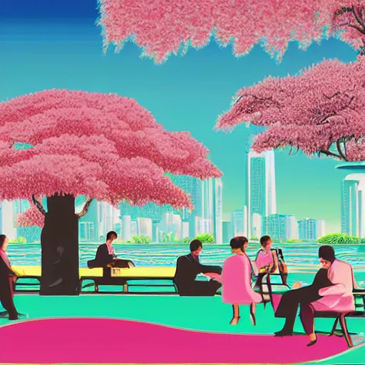 Prompt: art deco vaporwave illustration of a park with trees, benches, and a couple people playing mahjong, with a futuristic pink pastel city in the background