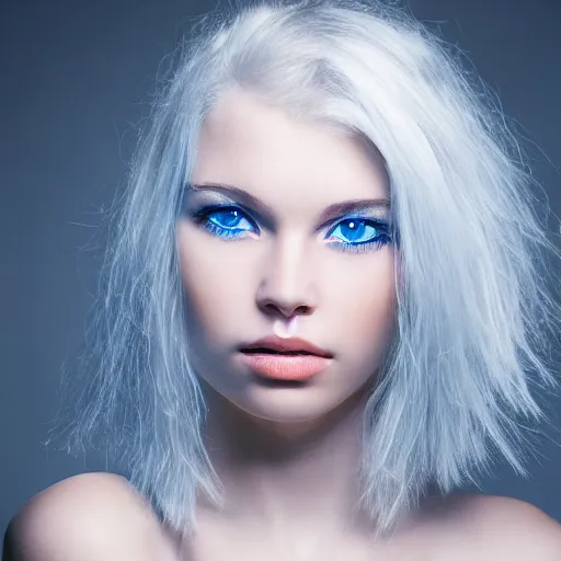 Image similar to incredibly beautiful portrait of A wonderful girl with blue eyes. White hair. Hyper detailed. Very very very very very very very very very very very beautiful