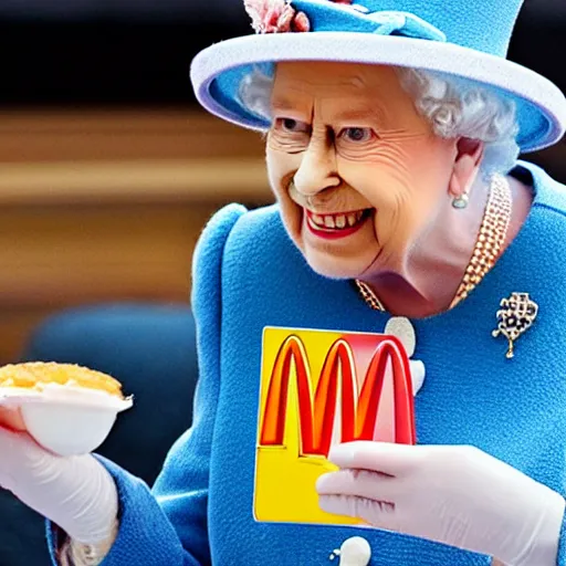 Prompt: the Queen eating a McDonald's happy meal