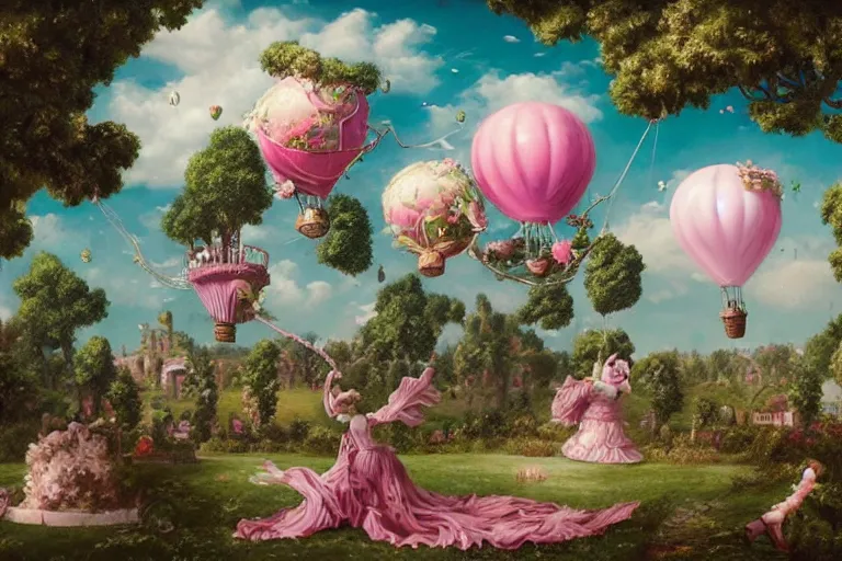 Prompt: dreamy landscape, fluffy pink clouds, hot air balloons, and two women with oversized heads wearing baroque ceramic teacup dresses playing jumprope in an ornate baroque palace courtyard overgrown with vines, surrounded by cute forest animals, pop-surrealism Lowbrow art painting in the style of Mark Ryden and Jasmine Becket-Griffith