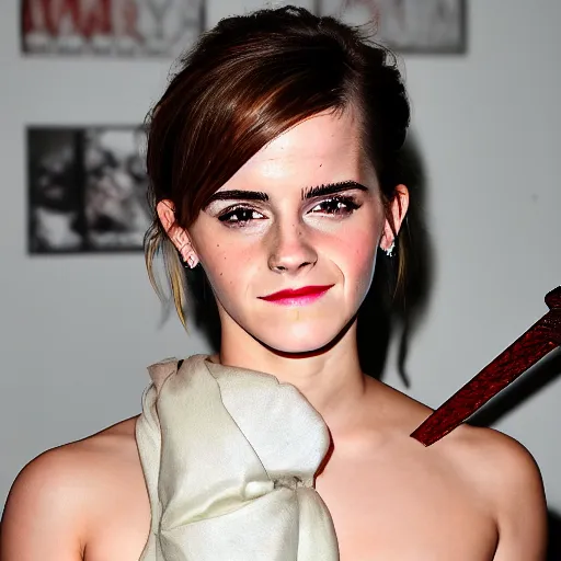 Image similar to emma watson with a sword fighting skinny nerds. photograph.