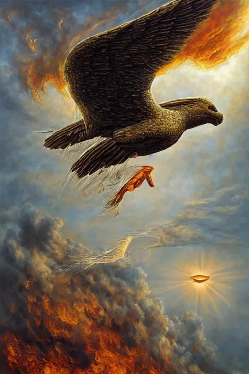 Image similar to icarus burning, his wings on fire as he flies too close to the sun. art by tomasz alen kopera.