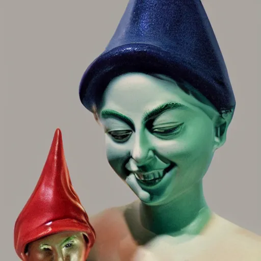 Image similar to photo of a ceramic garden gnome with the face of Lady Gaga