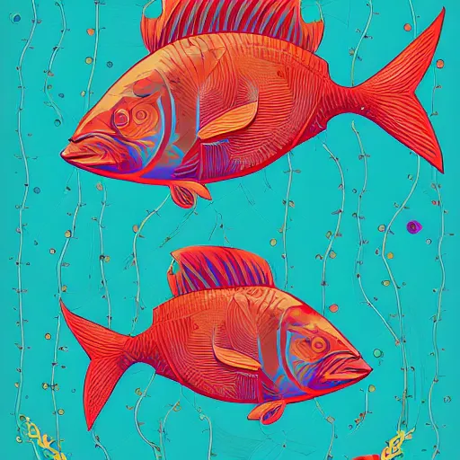 Prompt: a single highly stylized fish in the ocean, viewed in profile, seaweed, background with complex patterns, sparkles, artstation, intricate, highly detailed, digital painting, concept art, sharp focus, illustration by tom whalen and charles williams and kilian eng and james jean