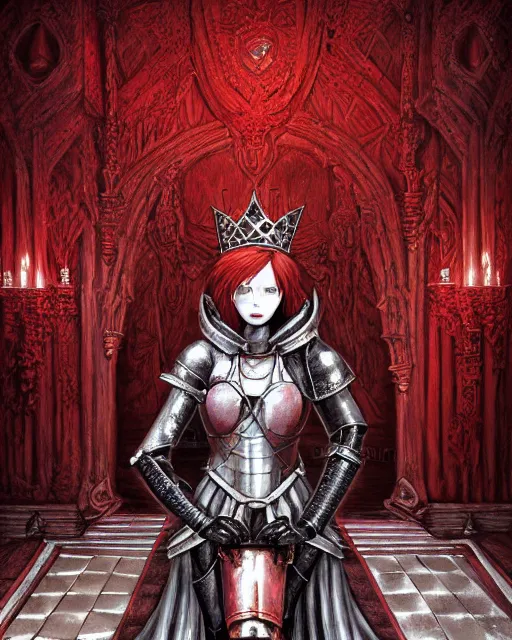 Image similar to redhead queen knight in red armor, inside grand hall in castle with rococo aesthetic, exposed beating heart in chest, crown, face with scars, dark souls 3, intimidating, ominous, evil, high fantasy, intricate detail, digital painting, artstation, concept art, smooth, sharp focus, illustration, art by yoshitaka amano and monia merlo and giger and wlop