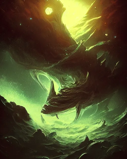 Image similar to stars shine deep below the surface of a dark sunless sea, leviathan, fantasy art, trending on artstation