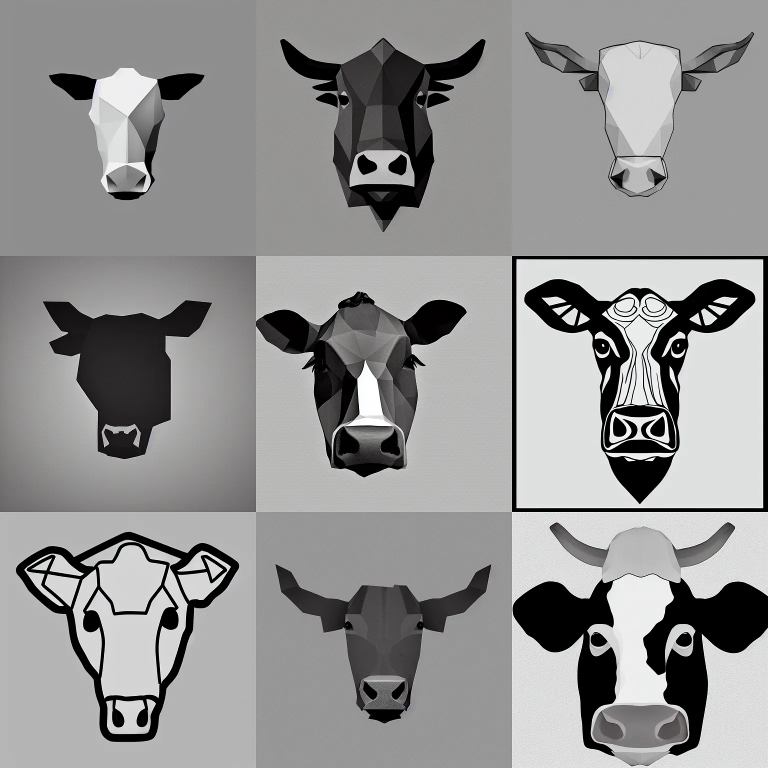 Prompt: a cow head, low polygon, black on white, outlines