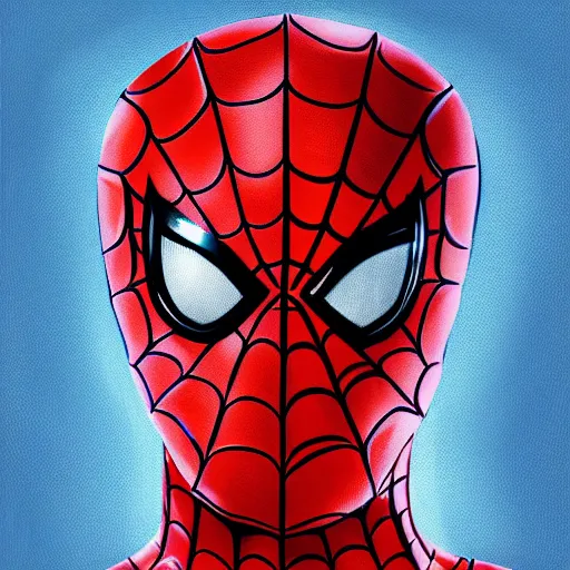 Image similar to portrait of tom holland's spider man, highly detailed, centered, solid color background, digital painting