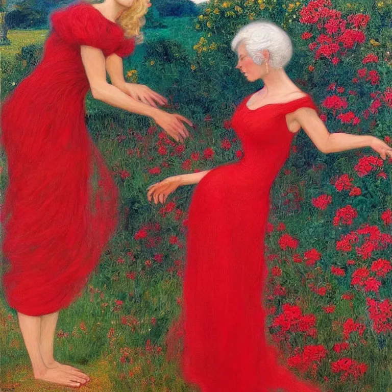 Image similar to Standing woman in a Red dress, with white hair on a golden background, with pink flowers photorealism Edward Robert Hughes,Stanisław Szukalski and Roger Dean