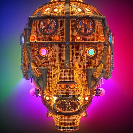 Image similar to a glossy claymodel of a steampunk aztec futuristic robot head, top of the head is made of gears and wires and multicolored glowing tubes, eyes are multicolored led screen, 8 k, front shot, symetrical, flourescent colors, halluzinogenic, multicolored, insanely detailed, 3 d render, octane