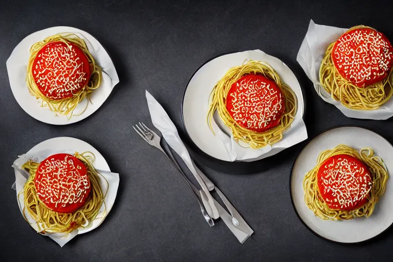 Image similar to spaghetti burger, commercial photography