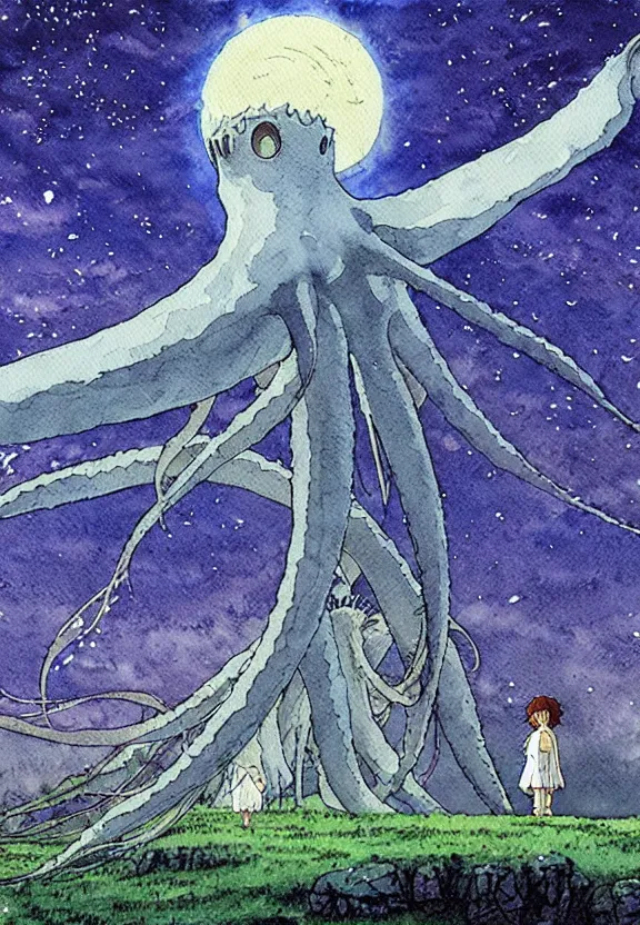 Image similar to a simple watercolor studio ghibli movie still fantasy concept art of a giant squid from princess mononoke ( 1 9 9 7 ) in stonehenge. it is a misty starry night. by rebecca guay, michael kaluta, charles vess