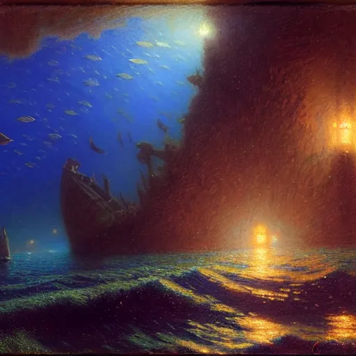 Image similar to point of view of deep in the ocean looking up, you see fishes, higher the milk way, night time, midnight. highly detailed painting by gaston bussiere, greg rutkowski 8 k