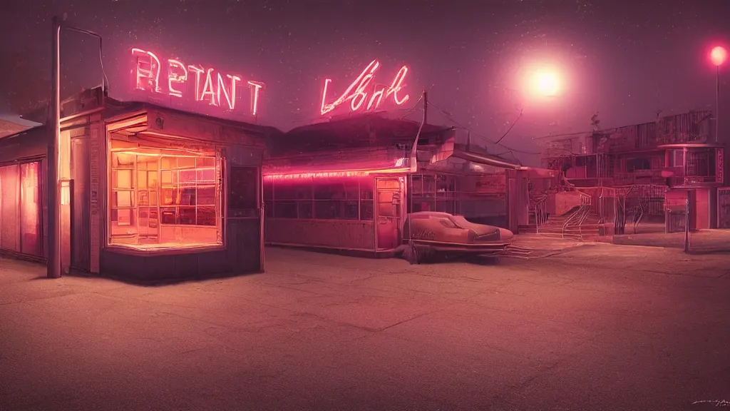 Image similar to an empty parking lout outside an abandoned retro diner at night, by lee madgwick and bastien lecouffe - deharme, pink and orange neon lights, highly detailed, photorealistic, artstation trending, cryenging 8 k uhd