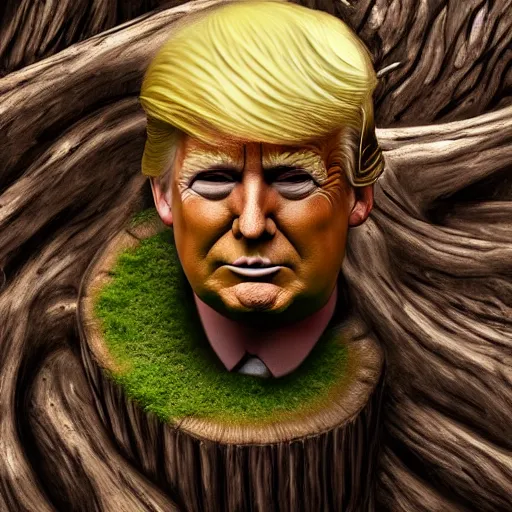 Image similar to donald trump is fused into a tree stump, hyperdetailed, artstation, cgsociety, 8 k