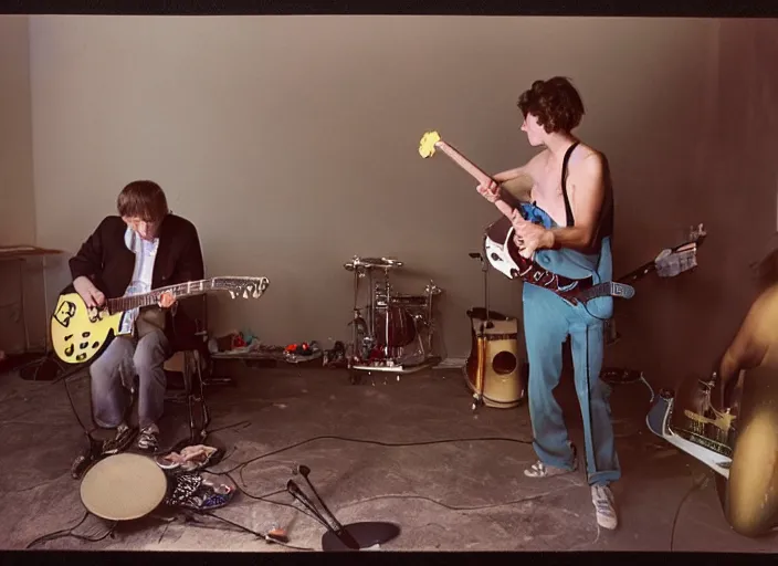 Prompt: a little water bear playing electric guitar while his friend plays the drums, Gregory Crewdson, Joel Sternfeld