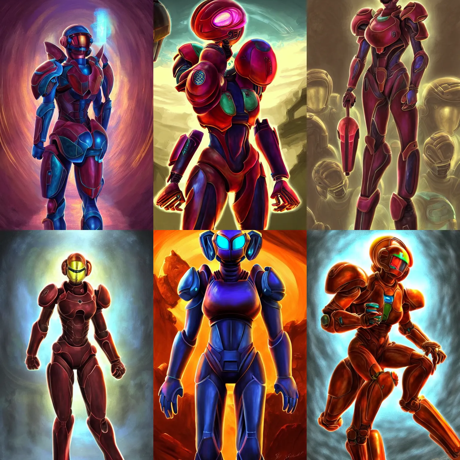 Prompt: character portrait of samus aran from metroid walking through an ancient temple, 8 k, realistic shading, symmetrical face details, digital painting, matte painting, concept art, illustration, metroid!!!!!!!!!!!, segmented armor, power armor, halo infinite, good value control, vibrant colors, john singer sargent