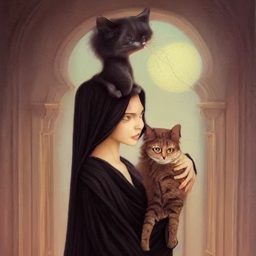 Prompt: a painting of a woman holding a cat, a photorealistic painting by tom bagshaw and ( ( ( mark ryden ) ) ), trending on deviantart, gothic art, ilya kuvshinov, goth, storybook illustration