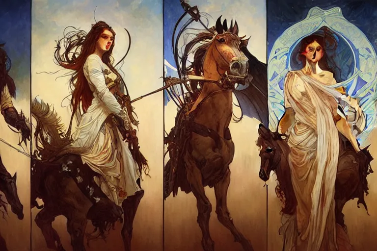 Image similar to the four horsemen of the apocalypse, painting by greg rutkowski and alphonse mucha