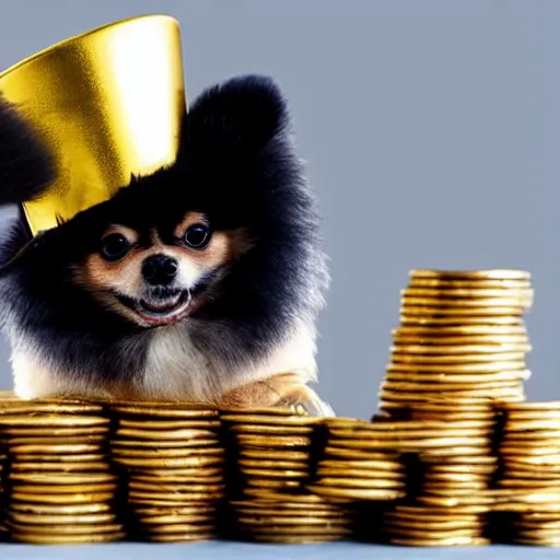 Prompt: A pomeranian wearing a top-hat, sitting on top of a large pile of gold coins