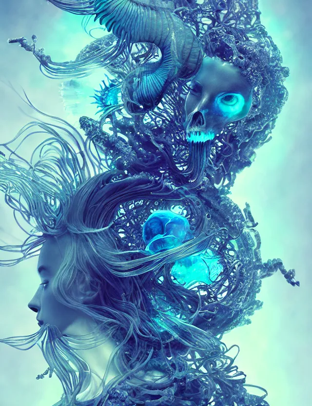 Image similar to goddess macro close - up portrait wigh crown made of ram skull. betta fish, jellyfish phoenix, bioluminiscent, plasma, ice, water, wind, creature, super intricate ornaments artwork by tooth wu and wlop and beeple and greg rutkowski