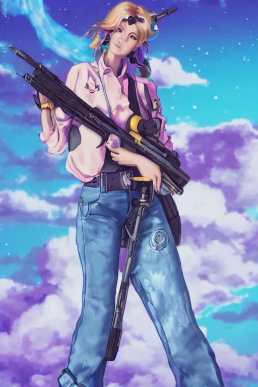 Image similar to Concept art of a beautiful space cowgirl holding a rifle. Vaporwave