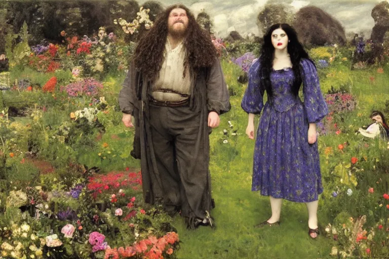 Image similar to hagrid the viking and morticia addams frolicking in a field of various flowers, fairy garden, masterpiece, highly detailed, oil on canvas, art by walter sickert, john singer sargent, and william open