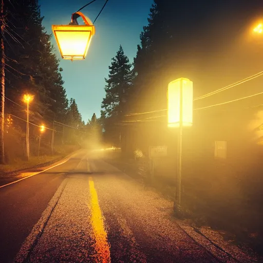 Image similar to photo a road surrounded by pine trees, wooden buildings with neon signs on sides of roads, old fashioned street lamps lining the road, beautiful photography, volumetric lighting, flickr, artstation, 8 k, moody lighting