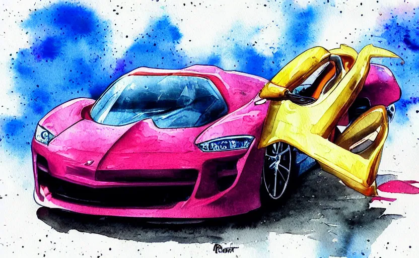 Prompt: sport car, colorful watercolor. by rembrant, battle angel alita