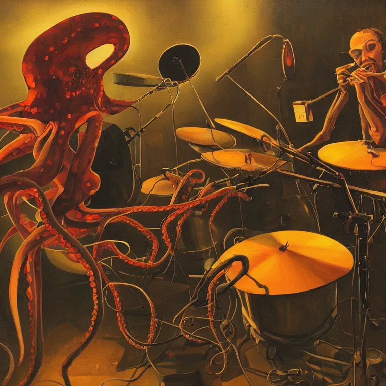 Image similar to a beautiful painting by etam cru of an octopus playing drums and telecaster guitar in an electronic concert, dark background, concert light, dark mood, warm lights