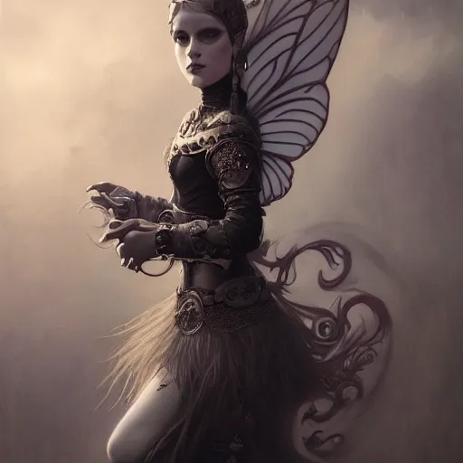 Prompt: tom bagshaw, soft painting fractal curiosities fairy carnival, single beautiful female in full nightshade gothic armor, accurate features, focus, very intricate ultrafine details, black white purple volumetric clouds, award winning masterpiece, octane render 8 k hd