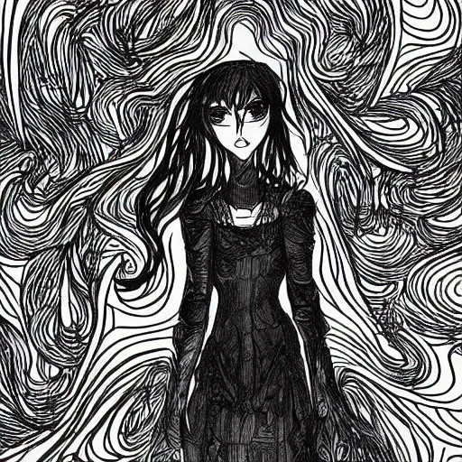 Prompt: intricate lineart drawing of a girl in black dresss standing in the abyss, black ink, manga style, with evil eyes and long scary hands in the background, featured on pixiv, sharp lines, high resolution