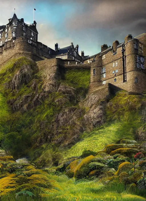 Image similar to a beautiful digital graphics design portrait of Edinburgh castle in Edinburgh. Edinburgh gardens overgrown with plants, caledonian forest, matte painting, fantasy art, highly detailed