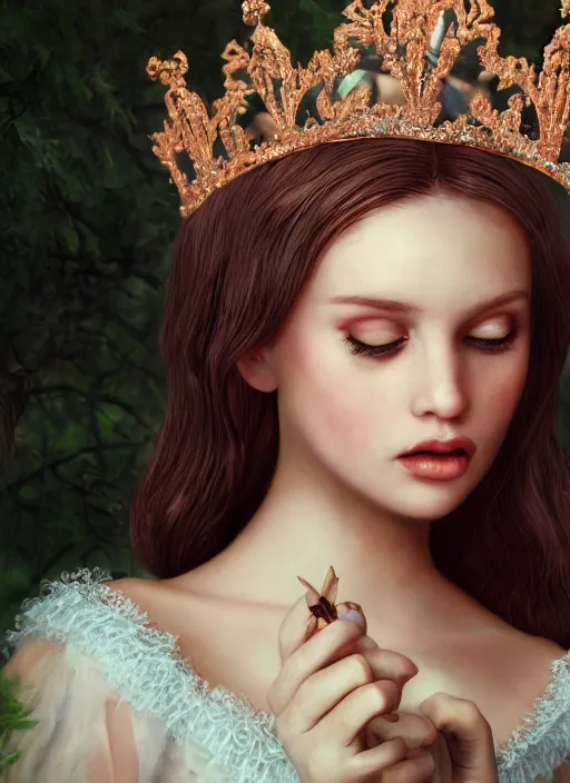 Image similar to closeup face profile portrait of a fairytale princess wearing a crown eating cakes, bikini, depth of field, zeiss lens, fashion photoshoot, by nicoletta ceccoli, mark ryden, lostfish, dan decarlo, bob clampett, max fleischer, breathtaking, 8 k resolution, extremely detailed, beautiful, establishing shot, artistic, hyperrealistic, octane render