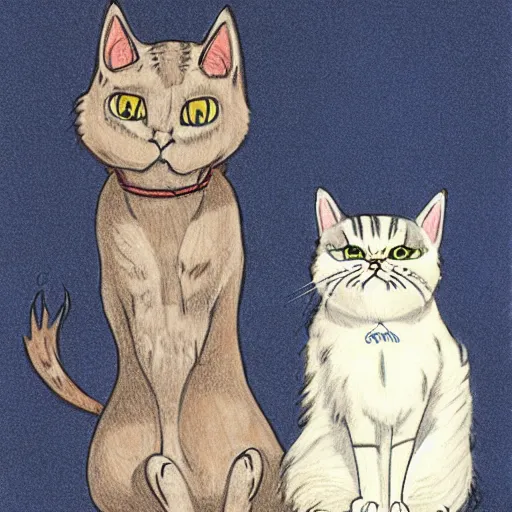 Prompt: anthropomorphic humanoid cat, extra fluffy Persian tabby cat standing on two feet, drawing by Don Bluth, colored pencil sketch with feathery lines, drawing by Yoshitaka Amano