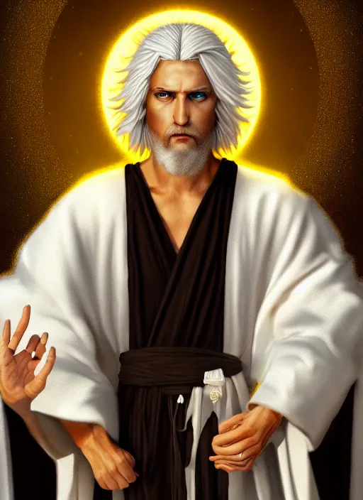 Image similar to « portrait of the white - haired jesus in a white robe and flaming yellow eyes, holding seven stars in right hand, high - contrast, intricate, elegant, highly detailed, digital painting, artstation, concept art, smooth, sharp focus, illustration »