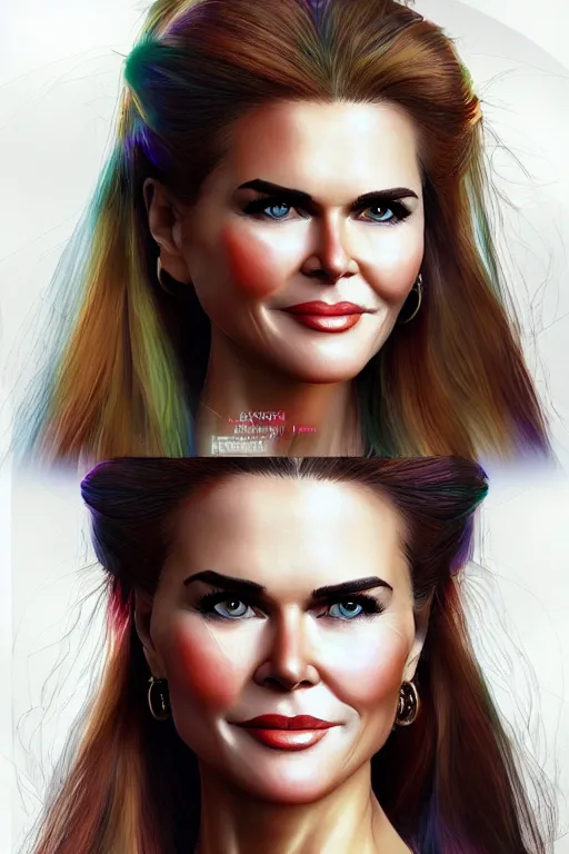 Image similar to mix of beautiful young maria shriver, mariel hemmingway, brooke shields, nicole kidman and elle macpherson as a young amazon warrior, thin lips, hair tied up in a pony tail, dark blonde hair, colorful, artstation, cgsociety