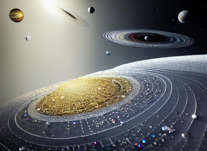 Image similar to ornate solar system model, white pearlescent, chrome, iridescent metals, liquid gold, biomechanical garment, cinematic, crystalline masterpiece diamond incrustations, hyperdetailed metalwork, in volumetric soft glowing mist by erik johansson full frame mirrorless sensor, movie still, octane render, pixar, crepuscular rays,