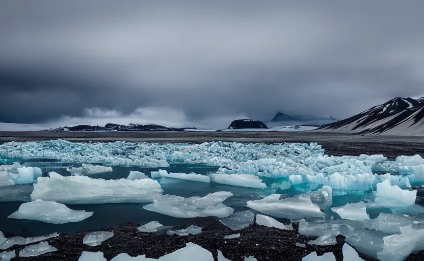 Image similar to icelandic landscape, moody, cinematic, muted colors, glaciers, ice, water