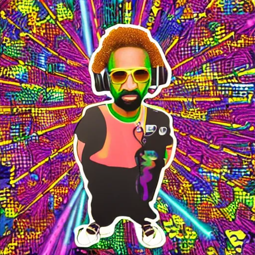 Image similar to svg sticker of a Dancing-Ben-Harper-Snoop-Spike-Lee-with-a-large-Afro-Puff, at a rave, spinning records, giant headphones rocking out, wearing headphones, huge speakers, dancing, rave, DJ, spinning records, digital art, amazing composition, rule-of-thirds, award-winning, trending on artstation, featured on deviantart