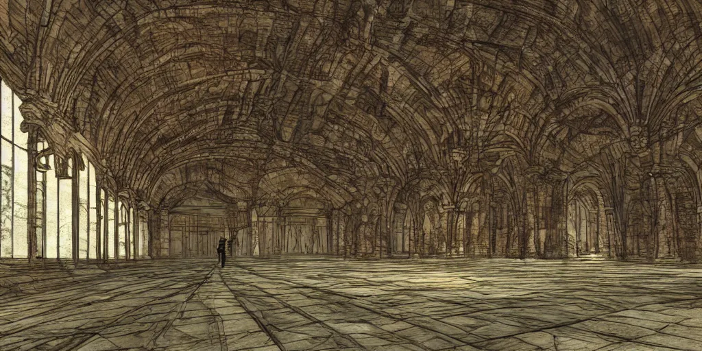 Image similar to fantasy demon walk through a monumental extremely large hall, long shot, digital art