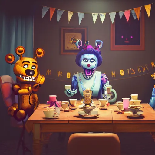 Prompt: a five nights at freddy's animatronic having an intense tea party with queen elizabeth ii, octane render / source, oil painting, trending on artstation, rossdraws