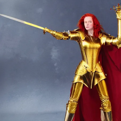 Image similar to a tall, red - haired female knight wearing golden armor and a right golden prosthetic arm, longer than her left arm. she wields a long golden blade
