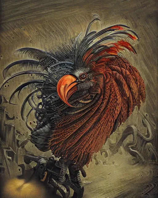 Image similar to digital painting of an angry and ominous mechanical rooster, by wayne barlowe and bob pepper and salvador dali, dieselpunk, highly detailed, intricate, sharp focus, portrait, talons, anatomy, beak, wings