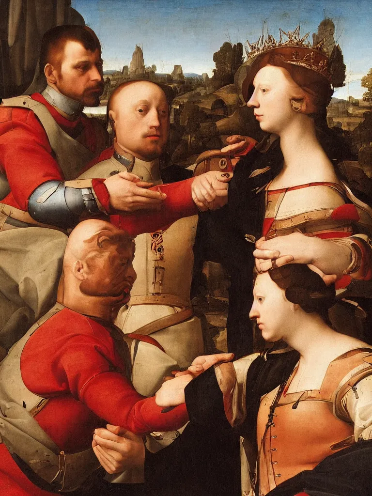 Prompt: a soldier lays his hand on top of the queens head, renaissance portrait, intimate, relaxed posture, high definition, dimly lit, private moment