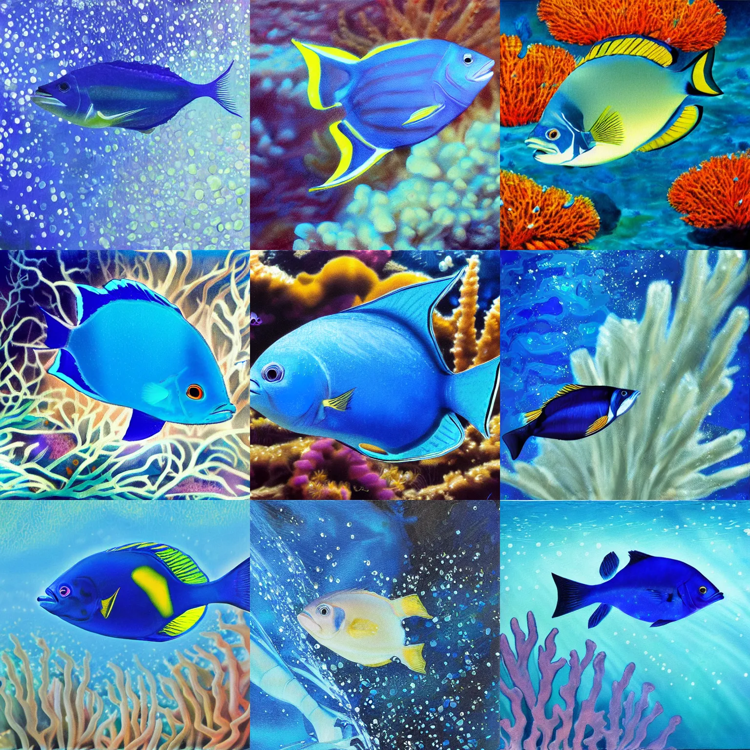 Prompt: professional, high quality, digital art. blue tang swimming around white coral, realism. there are sparkles in the water. oil on canvas abstract. dramatic lighting. concept art, ultrarealistic, very detailed