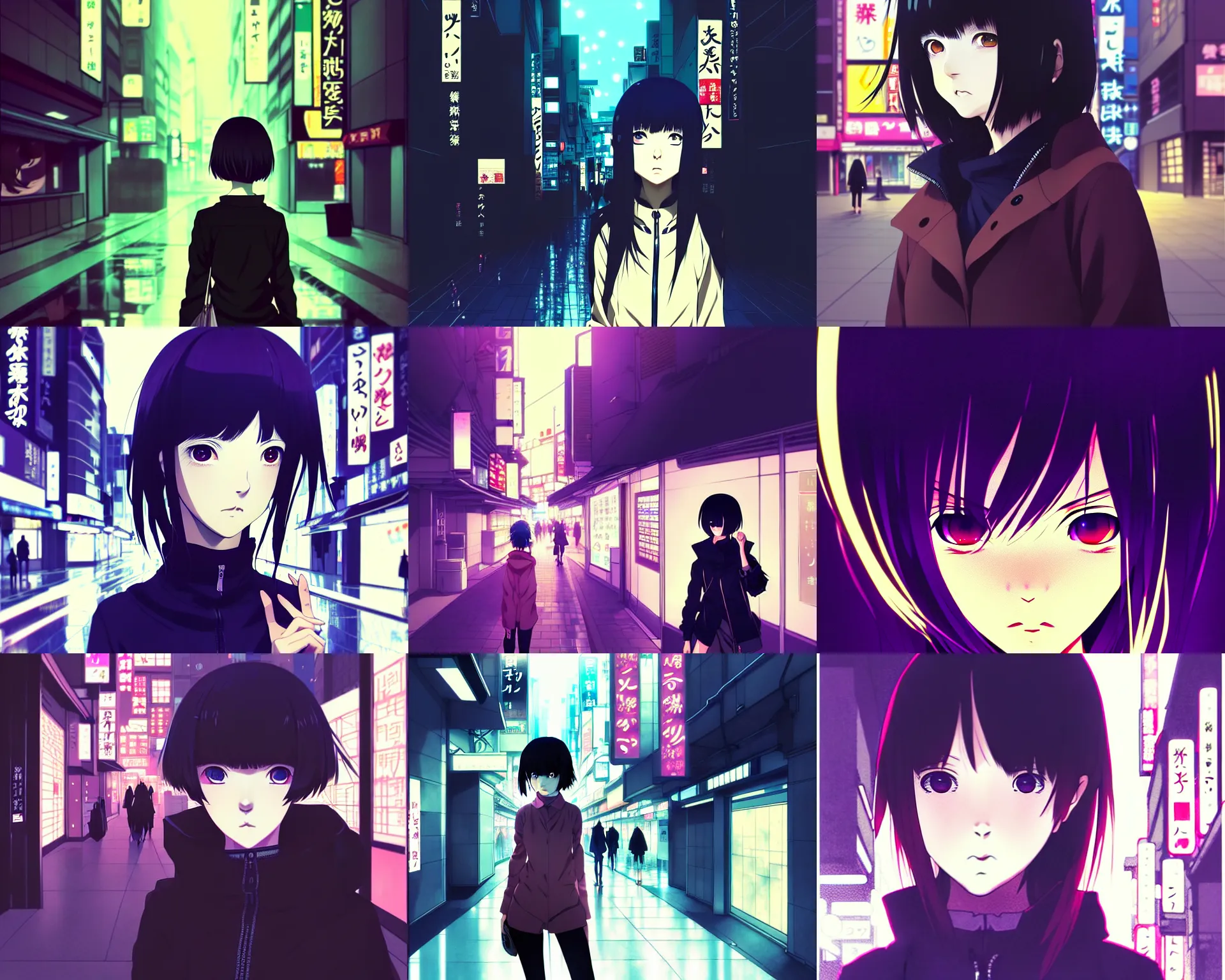 Prompt: anime visual, dark portrait of a young female traveler in shibuya at night shopping, low light, beautiful face by ilya kuvshinov, yoh yoshinari, dynamic pose, dynamic perspective, cel shaded, flat shading mucha, rounded eyes, moody, detailed facial features, ghost in the shell, psycho pass
