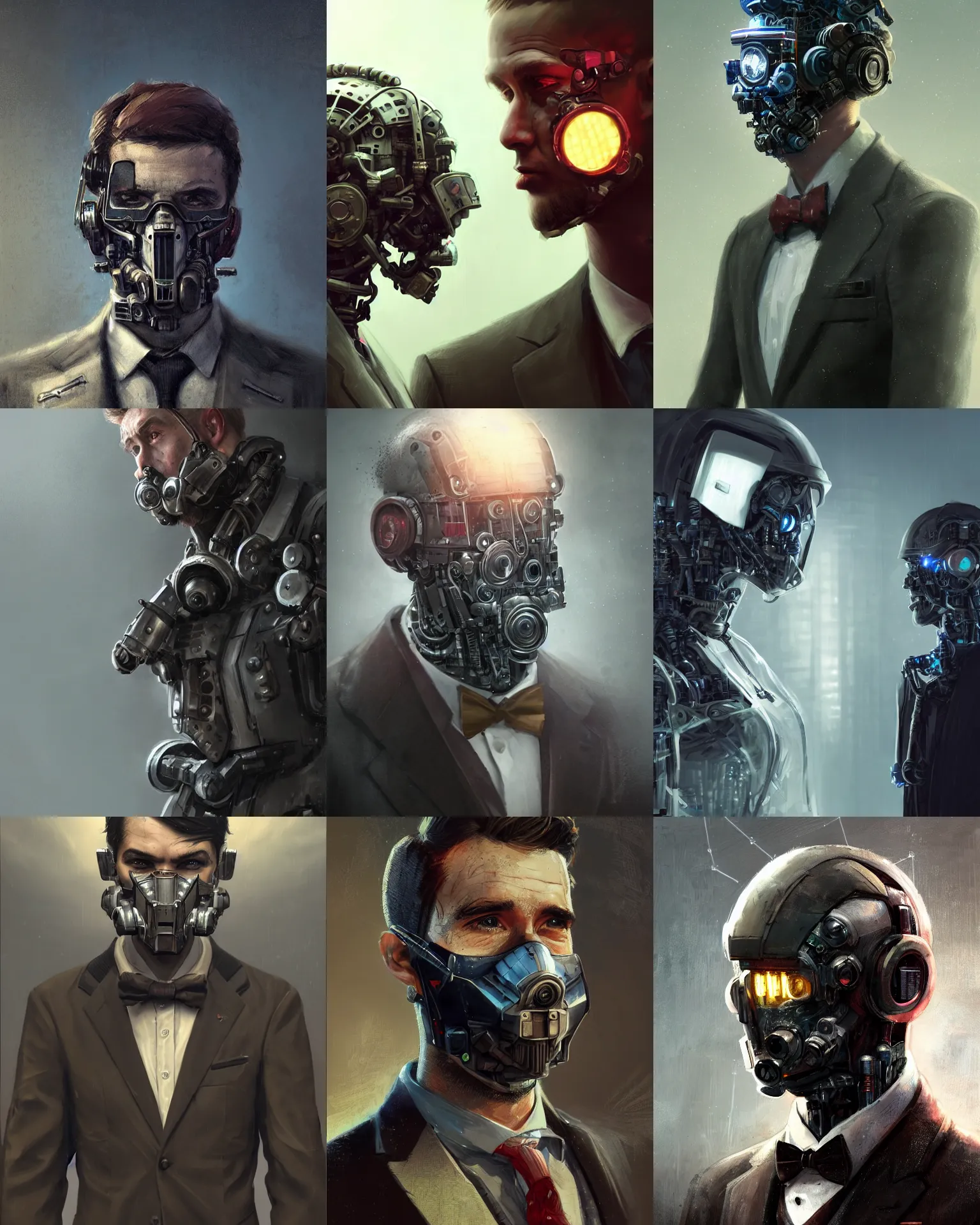 Image similar to a rugged young engineer man with cybernetic enhancements wearing a suit and bowtie, detailed face with mask, scifi character portrait by greg rutkowski, esuthio, craig mullins, 1 / 4 headshot, cinematic lighting, dystopian scifi gear, gloomy, profile picture, mechanical, half robot, implants, steampunk